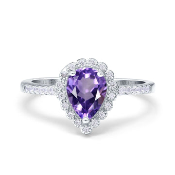 14K White Gold 1.42ct Teardrop Pear Halo 8mmx6mm G SI Natural Amethyst Diamond Engagement Wedding Ring Size 6.5